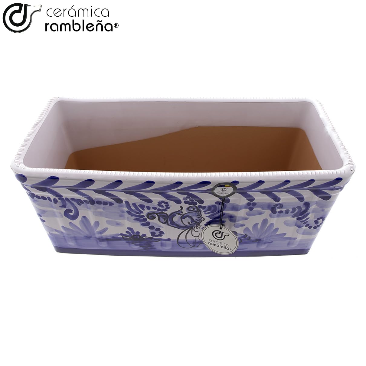CERÁMICA RAMBLEÑA | Jardinera Rectangular Exterior Decorado Montería Azul - Modelo J02 | 100% Decorada a Mano | Para Balcón | 41x19x18 cm