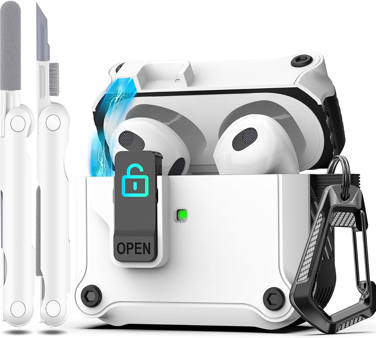 for AirPods 3 Case Cover with Lock Magnetic Lid, White | Compatible with Apple AirPods 3rd Generation (2019) Case with Cleaner Kit & Carabiner, Powerful Drop Protection