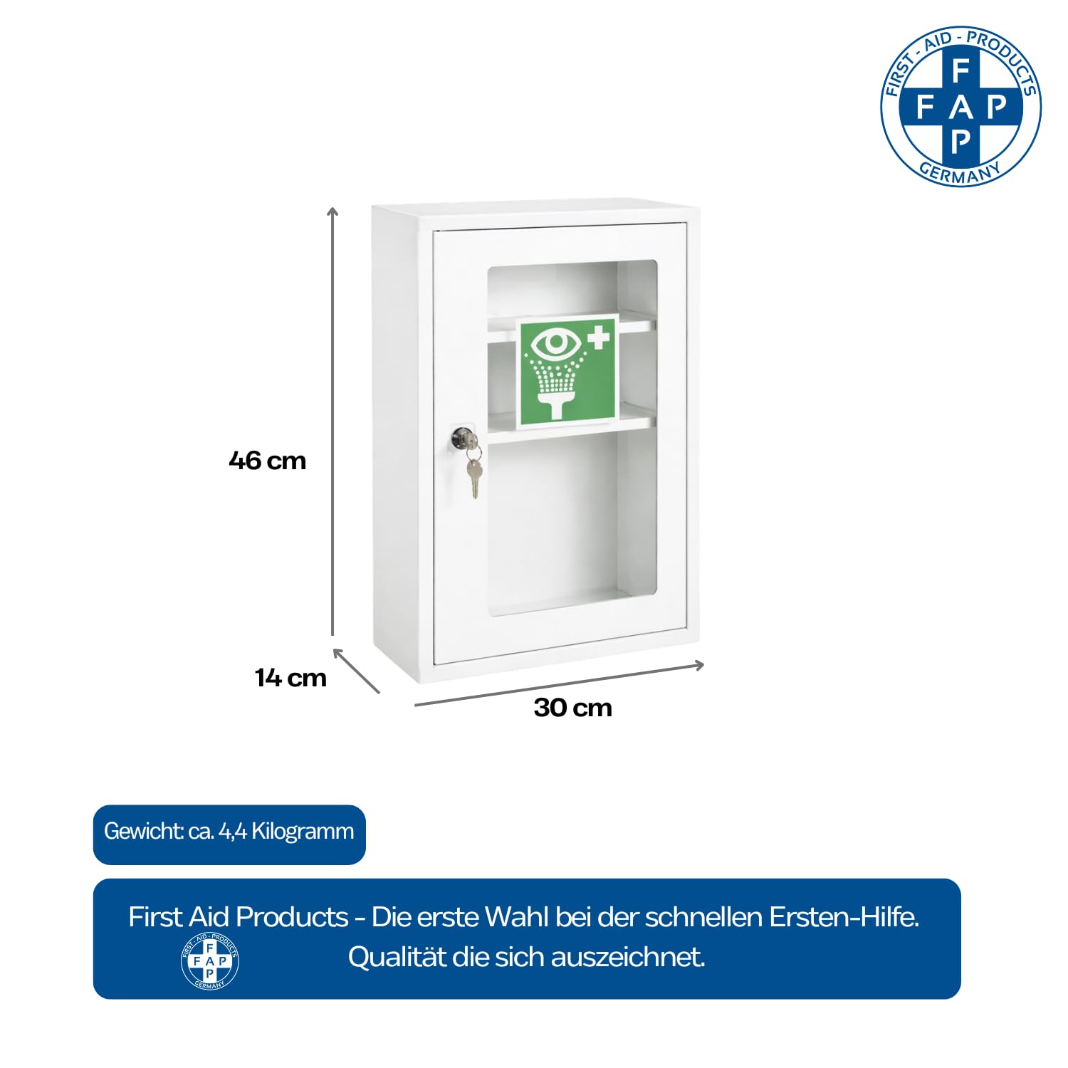 First Aid Products Augenspülschrank mit Sichtfenster – leer, zum selbst Ausstatten – Metall, abschließbar, Eyewash station, Augenspülstation & Augendusche – Wandmontage, Betrieb, Gewerbe & Gastronomie