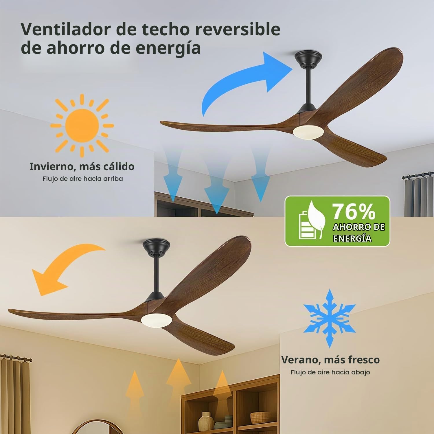 Ventilador de techo de madera de 152cm con luz, ventilador de techo de granja con motor CC reversible silencioso, ventilador de techo rústico de para exteriores para patios, pabellón, porche, cenador
