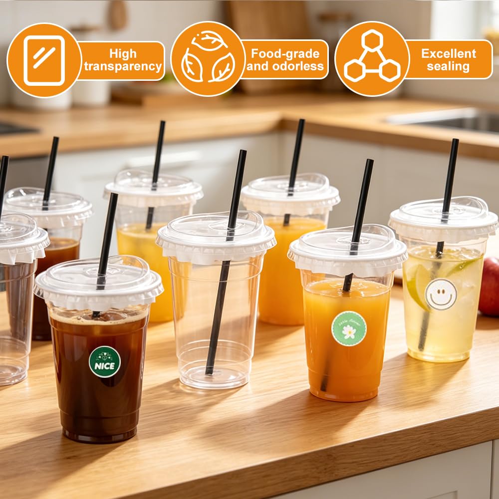 50 bicchieri di plastica trasparente con coperchi e cannucce, 500 ml, bicchieri da caffè in plastica con adesivi fai da te e carta a prova di perdite, per frappè freddo, frullati, caffè