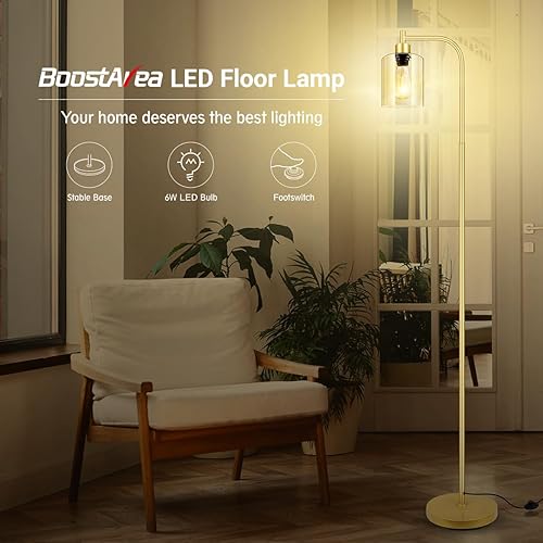 Miniatura 2 de Lámpara de pie dorada, lámpara de pie con pantalla de cristal, bombilla LED de 6 W incluida, lámpara de pie moderna con interruptor de pie, lámpara