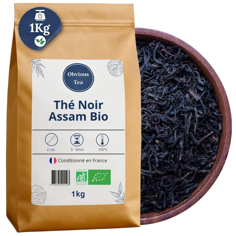 Thé Noir Assam GBOP Bio en Vrac - Thé Vegan d’Inde, 100% Naturel, Sans OGM - Agriculture Biologique - Sachet 1 kg (500 Tasses)