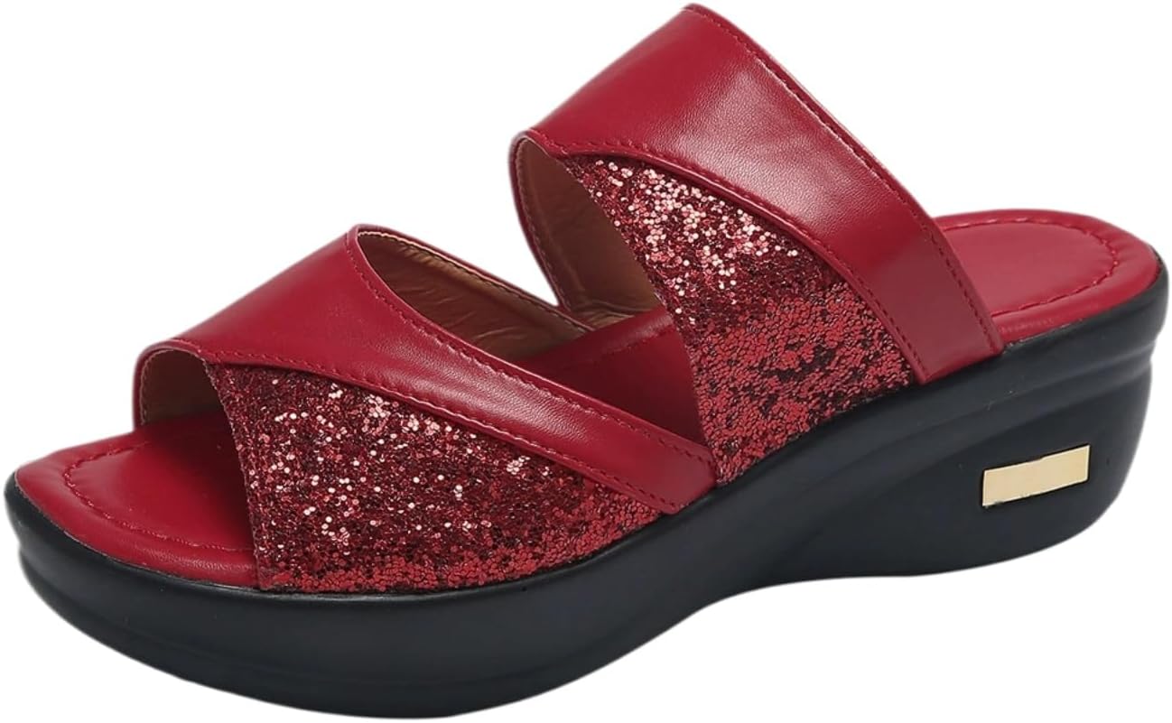 pearlzone Women's Summer Rhinestones Slip on Fish Mouth Wedges Beach Open Toe Slippers,Fashion Sexy Sequined Sandals