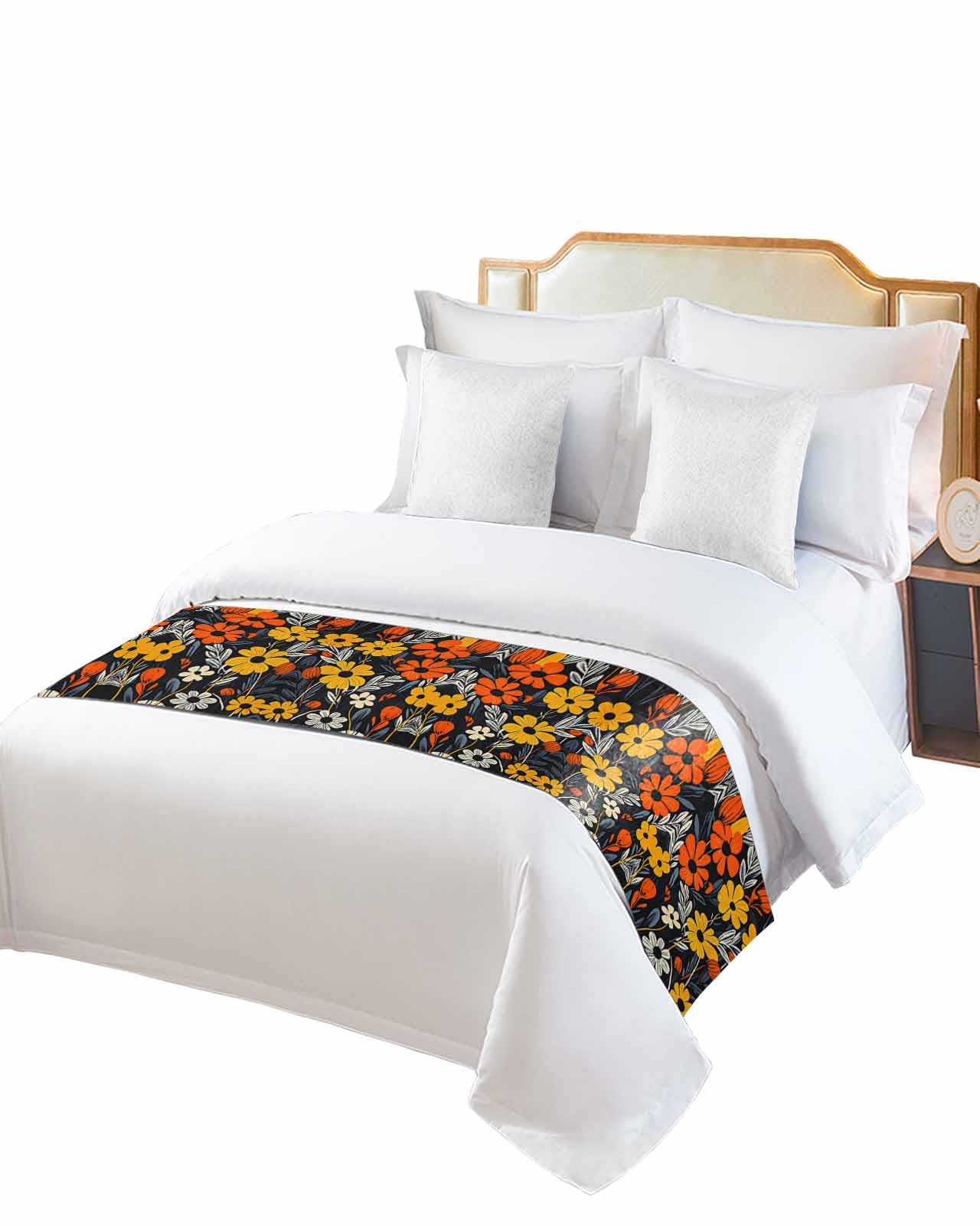 Orange Yellow Black Botanical Bed Runner for Full/Queen Size, Floral Modernism Spring Bedspread Protector Slipcover Bed Scarf for Foot Runners & Scarves for Bedroom Hotel Wedding Room 83x20 Inches