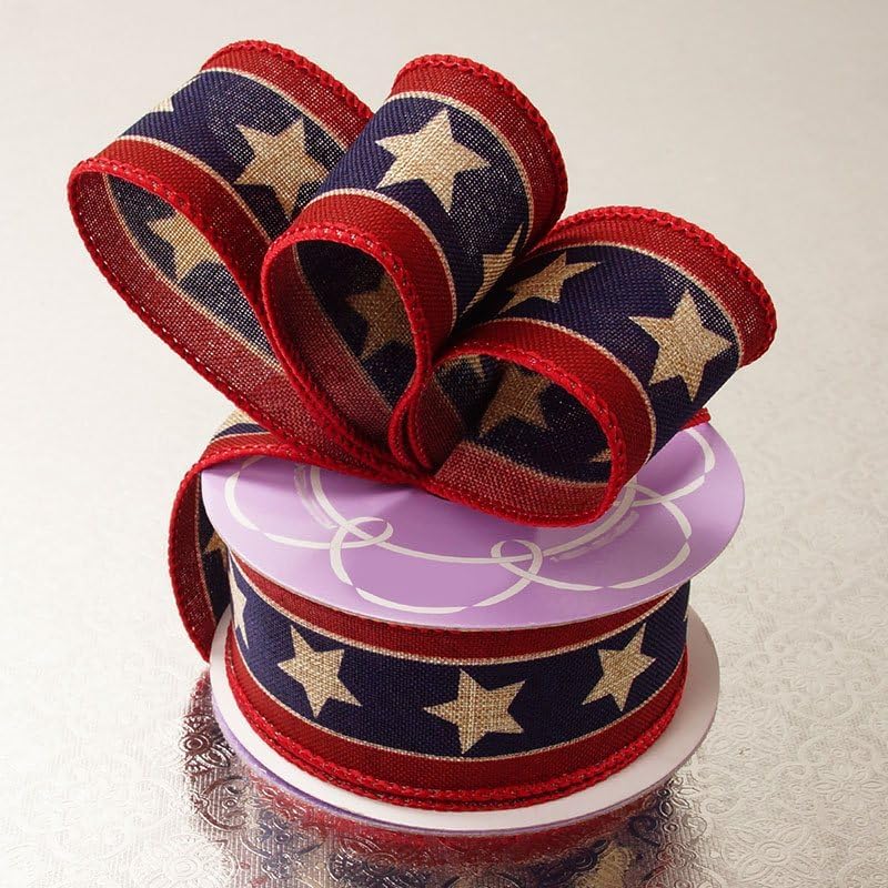 Paper Mart 1 1/2" X 10 Yards American Stars On Natural Cotton Ribbon - Patriotic Events