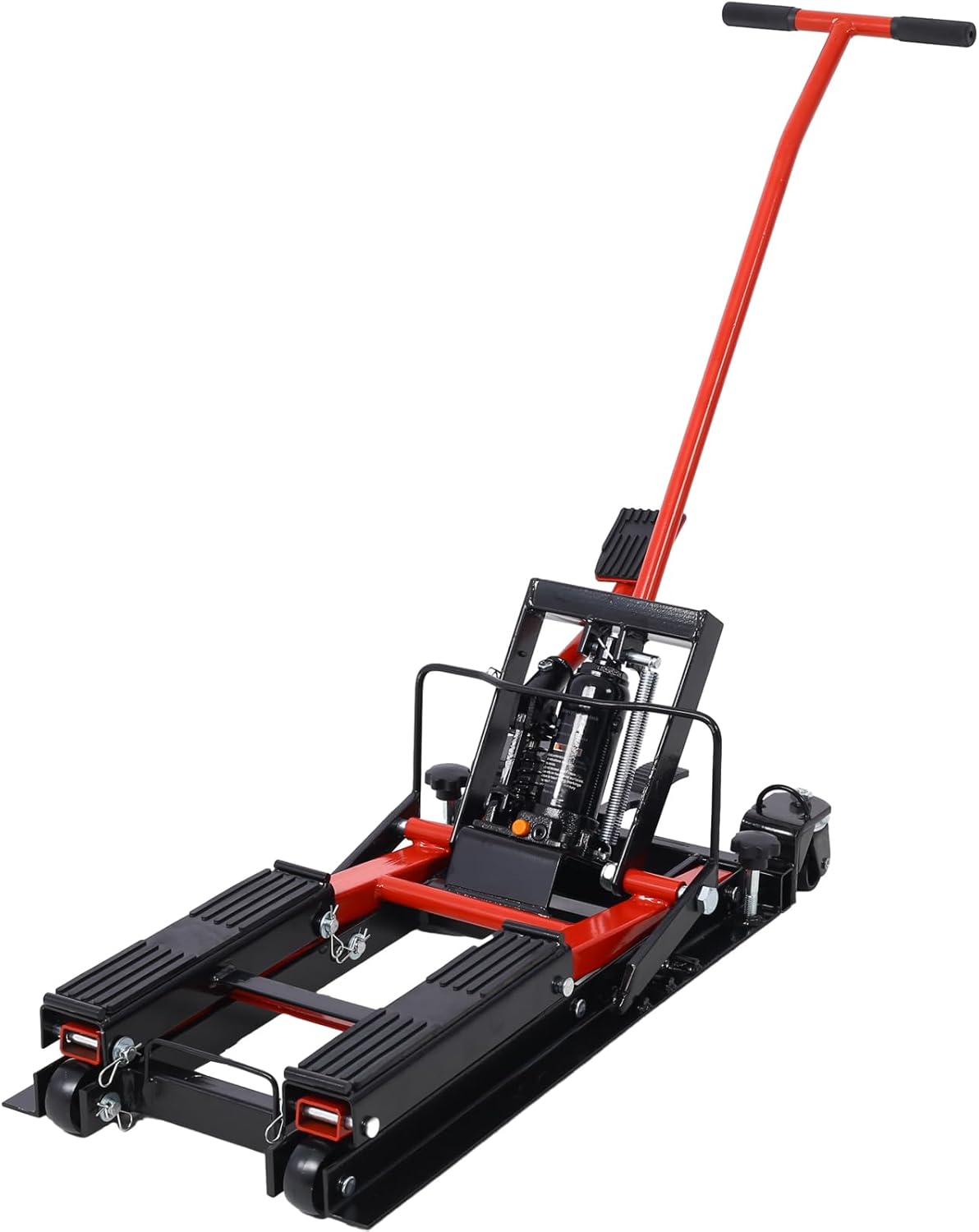 Hydraulic Motorcycle Lift Jack, 1500 LBS Capacity, ATV Scissor Lift Table with 4 Wheels, Foot-Operated Hoist Stand, Gray Steel, 30.8 x 14.2 x 28.5 Inches (Black+Red)