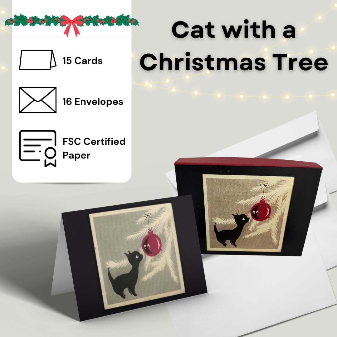 Cat with Christmas Tree Ornament, 1960- Boxed Winter Holiday Cards with Envelopes- 15 Count- Vintage Feline Art- Ideal for Home and Office