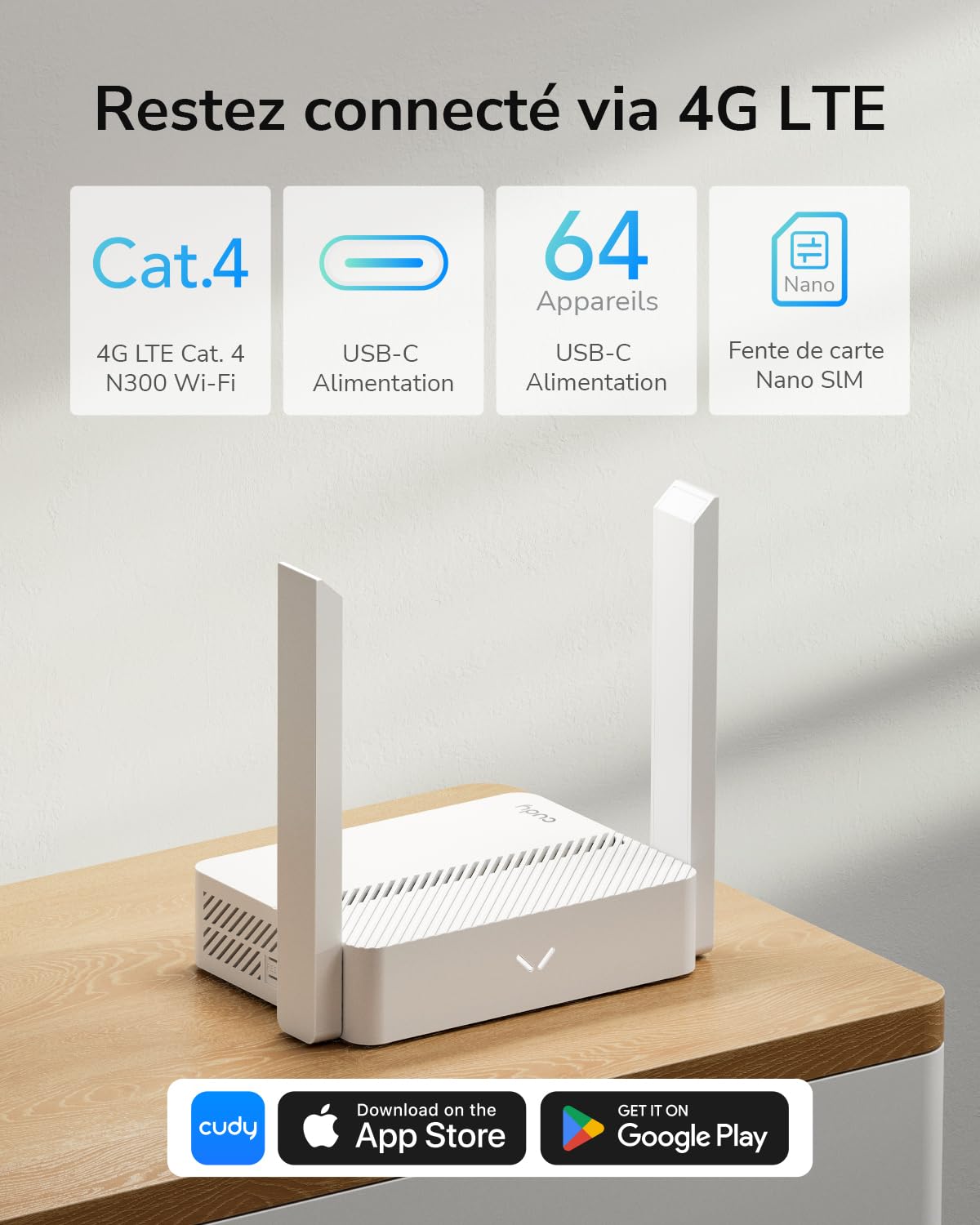 Cudy LT300 Routeur WiFi 4G LTE 300 Mbps USB-C MU-MIMO OpenVPN WireGuard