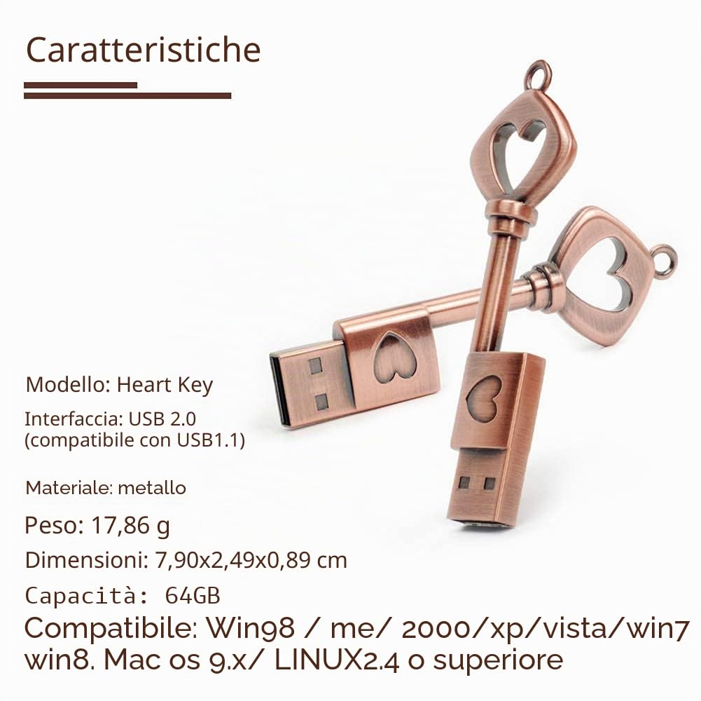 Chiavetta USB 32 GB con confezione regalo, chiavetta USB impermeabile a forma di chiave a forma di cuore, memoria esterna regalo romantico