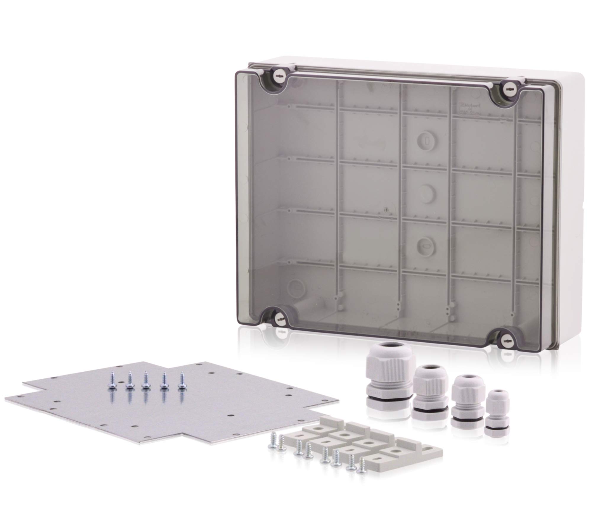 Intratec caja industrial 380x300x120mm, plástico, IP65, con tornillos de bisagra, incluye placa de montaje y prensaestopas