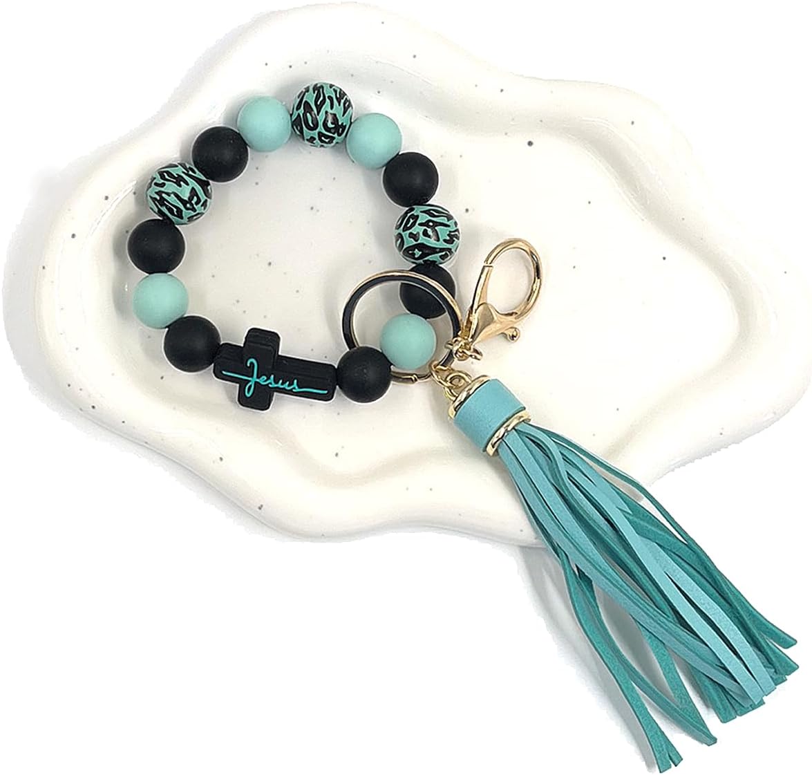 2PCS Cross Silicone Beads Bracelet Keychain, Cross Pendant Silicone Keychain with PU Leather Tassel, Creative Bangle Keychains for Faith, Key Rings Wristlet for Wallet Purse Car Key Pendant Decoration image 4
