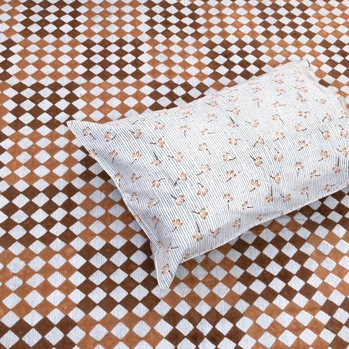 Image of TOAI Hand Block Printed Bedsheet | Bed Spread Flatsheet Bed Sheet | Pure Cotton | Queen Size 90 inchx108 inch | 300 TC Long Staple Cotton | 2 Reversible Pillow Covers |Checks Lines Brown