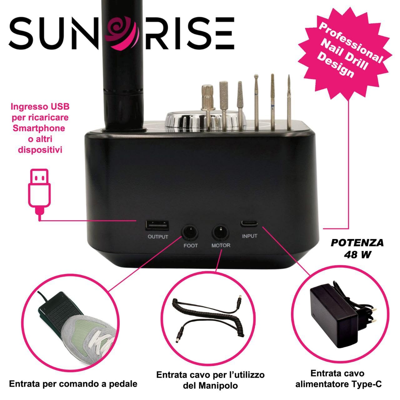 Fresa per Unghie Professionale - 40000 Giri, LED Multicolor e USB - Lima Elettrica - 6 Punte 36 Cilindri - per Pedicure e Manicure - Nail Drill (Nero)