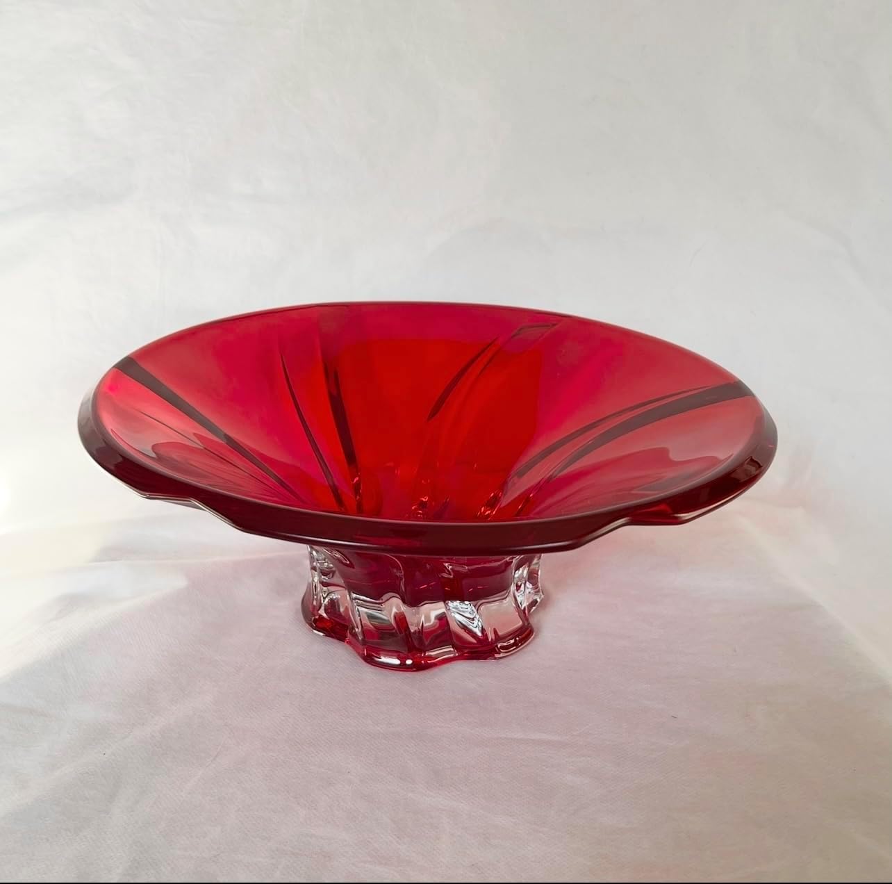 Czech Bohemian Crystal Glass Bowl-Vase 12''-Dia Red Vintage ''Plantica'' European Design Elegant Centerpiece Dish Fruits Desserts Flowers Wedding