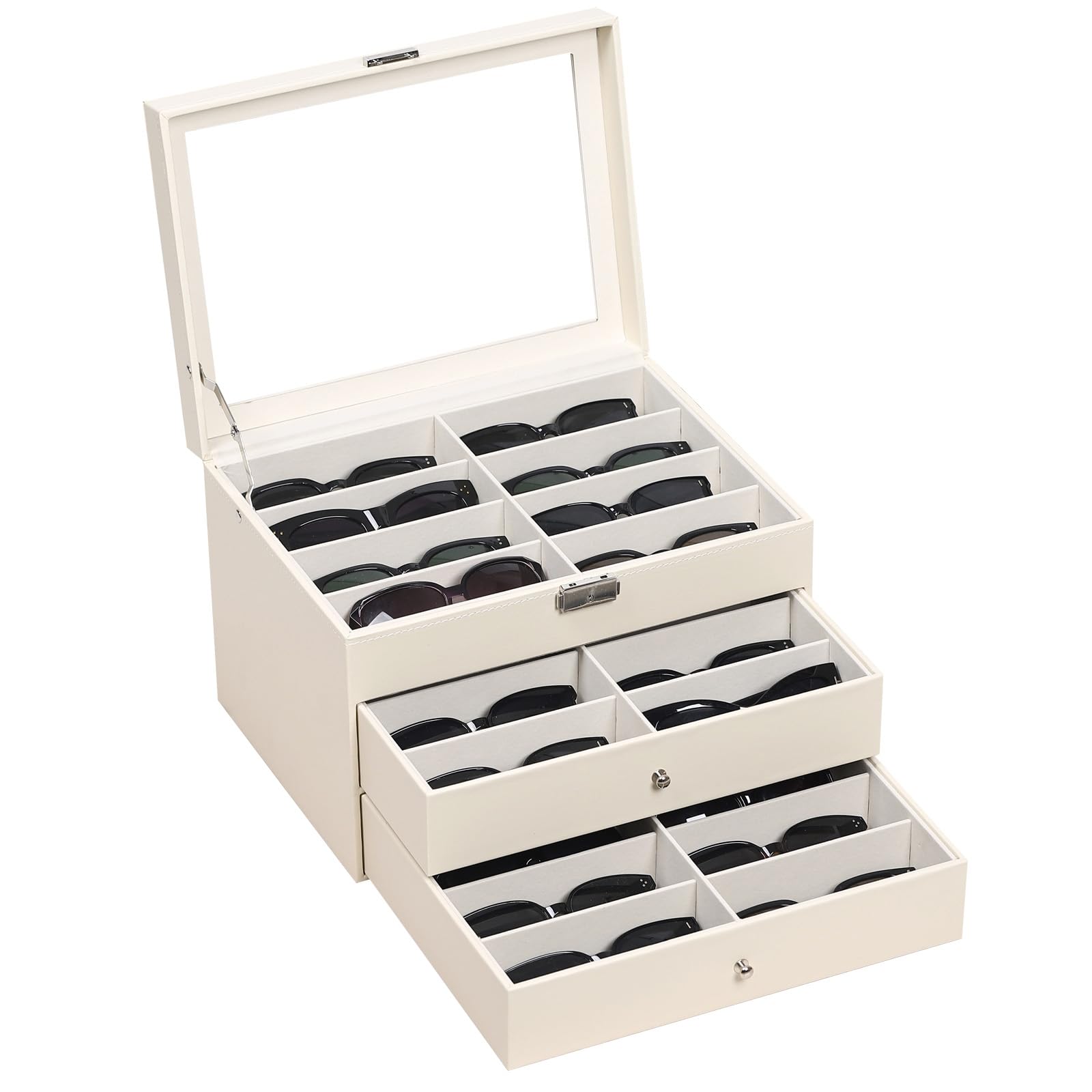 AUTOARK Tapa transparente de cuero,24 piezas,Almacenamiento para gafas y gafas de sol,Organizador con cerradura,Beige,MKAW047