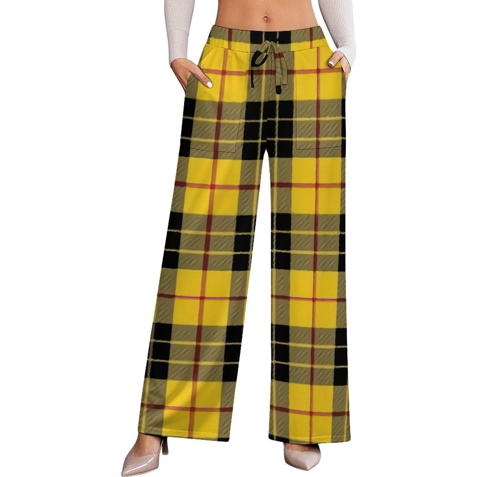 Dyale Lewis Tartan Plaid Womens Wide Leg Pants High Waisted Elastic Casual Sports Pants XS
