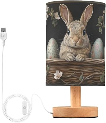 Rabbit Eggs Beside Lamp Fabric Shade, Table Lamp with Wood Base Button Control LED Warm Night Light for Living Room Bedroom Decor