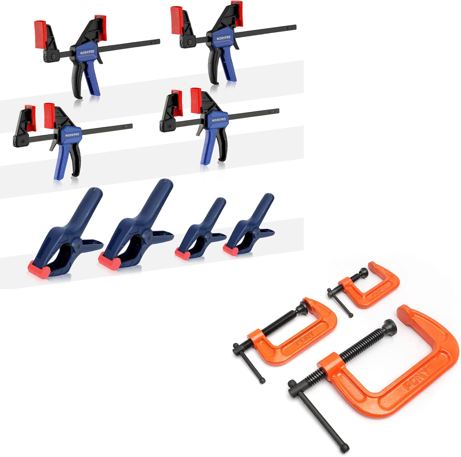 11-Piece Clamp Set, 3-Piece C-Clamp, 4-Piece Mini Bar Clamps and 4-Piece Spring Clamps