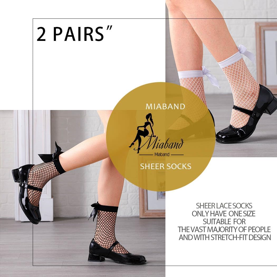 Fishnet Sheer Socks Bow Mesh Net Socks Elastic Hollow Short Sock for Women 2 Pairs - Image 4