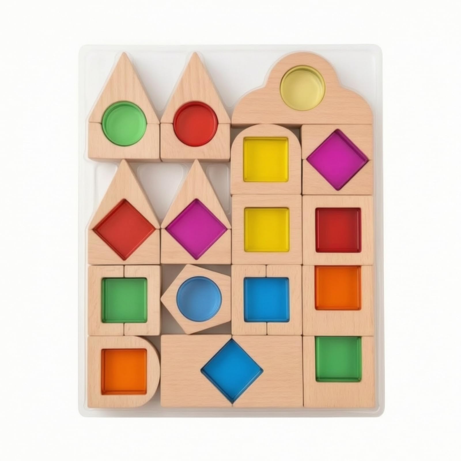 Amagogo Kinder Bauklötze Holzbausteine Acryl Bausteinset Lernspielzeug Stapelspiel Pädagogisches Spielzeug mit Transparenten Einsätzen für Feinmotorik