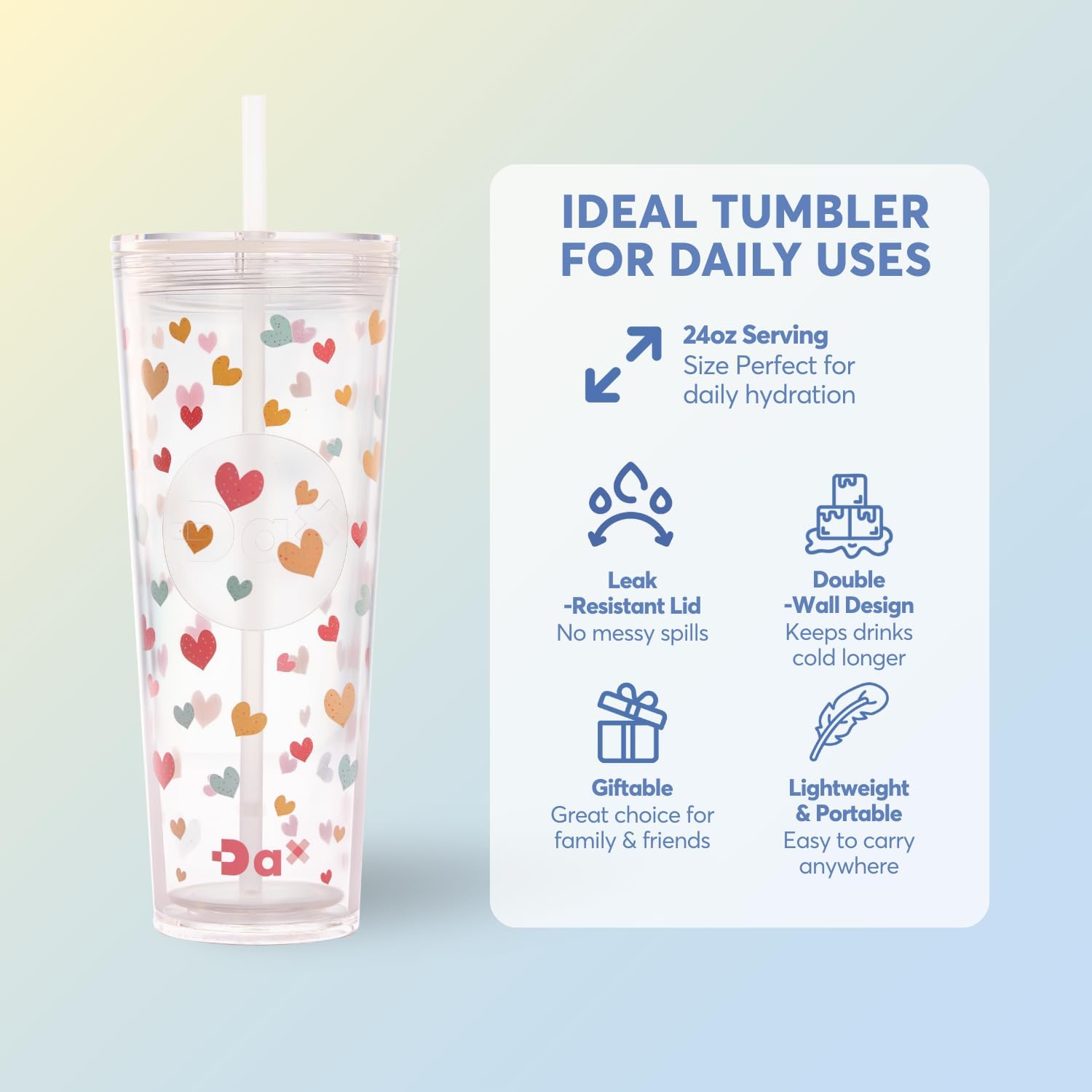 DA Plastic Tumbler With Lid And Straw, Double Wall Design, Leak Resistant Reusable BPA Free Travel Cup For Iced Coffee And Smoothies, 24oz (Colorful Hearts) - Image 3