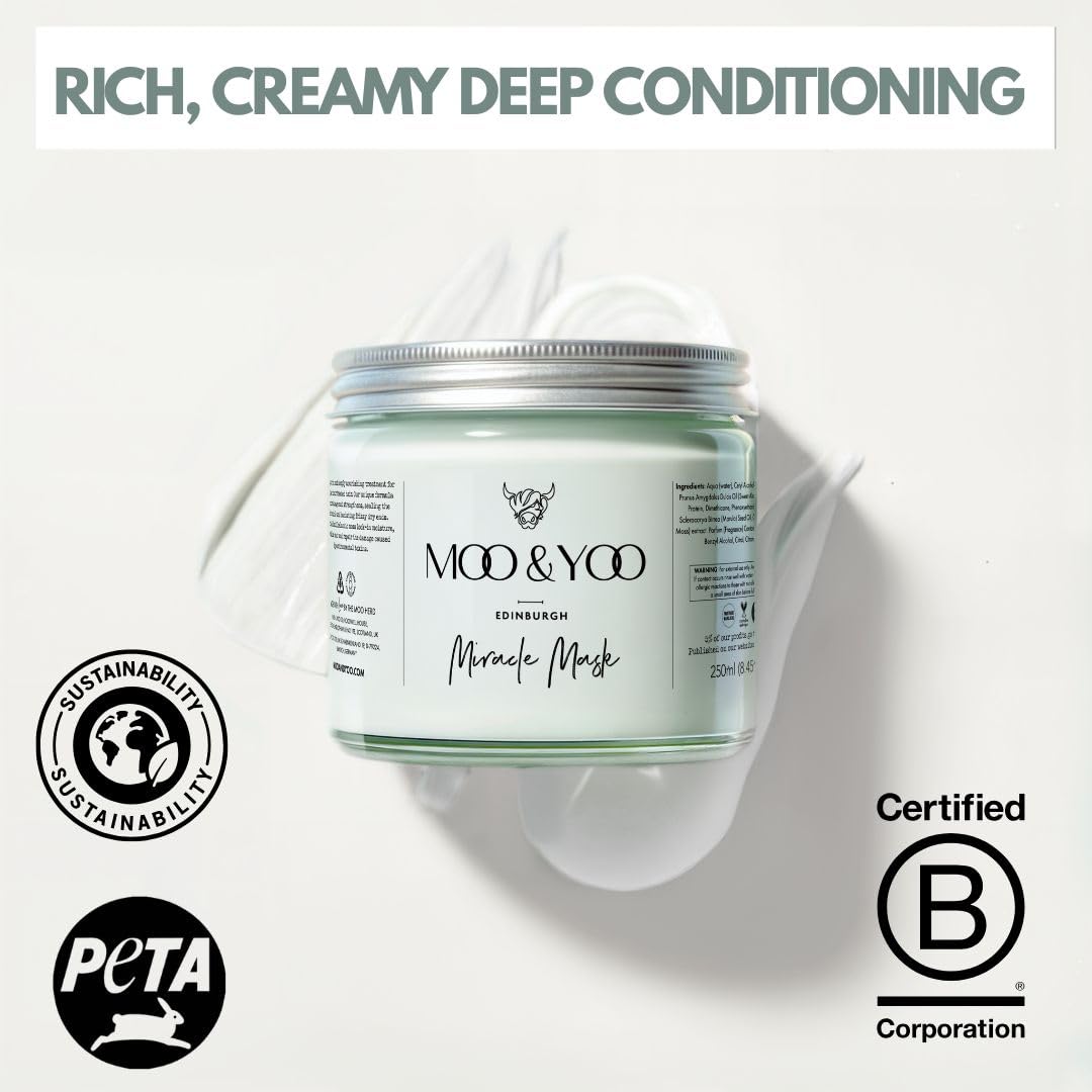 Moo & Yoo Miracle Hair Mask for Dry & Damaged Hair – With Marula Oil, Icelandic Moss & Wheat Protein – Deep Hydration & Repair Treatment – Vegan, Cruelty Free – 250ml Glass Jar