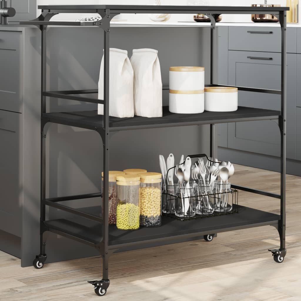 vidaXL Carrito de Cocina, Estante de Almacenaje, Carro de Servicio Comida, Carrito para Salón Baño Estudio, Madera de Ingeniería Negro