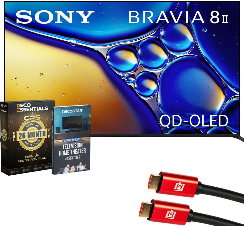 BRAVIA 8 II 55 inch QD-OLED 4K HDR Google TV (2025) K55XR80M2 Bundle with CPS 26‑Month Protection Plan, Deco Gear 4K HDMI Cable and Deco Gear Television Home Theater Essentials Beginner's Guide
