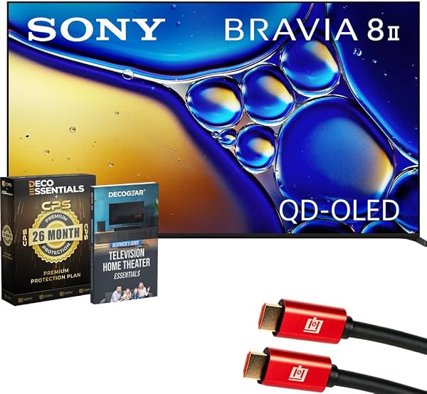 Sony BRAVIA 8 II 55 pulgadas QD-OLED 4K HDR Google TV (2025) K55XR80M2 Paquete con Plan de Protección CPS de 26 Meses, Cable Deco Gear 4K HDMI y Guía para Principiantes de Esenciales de Cine en Casa Deco Gear