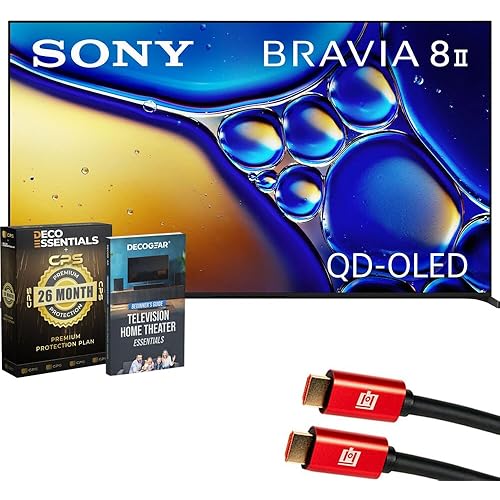 Sony BRAVIA 8 II 65 inch QD-OLED 4K HDR Google TV (2025) K65XR80M2 Bundle with CPS 26‑Month Protection Plan, Deco Gear 4K HDMI Cable and Deco Gear Television Home Theater Essentials Beginner's Guide