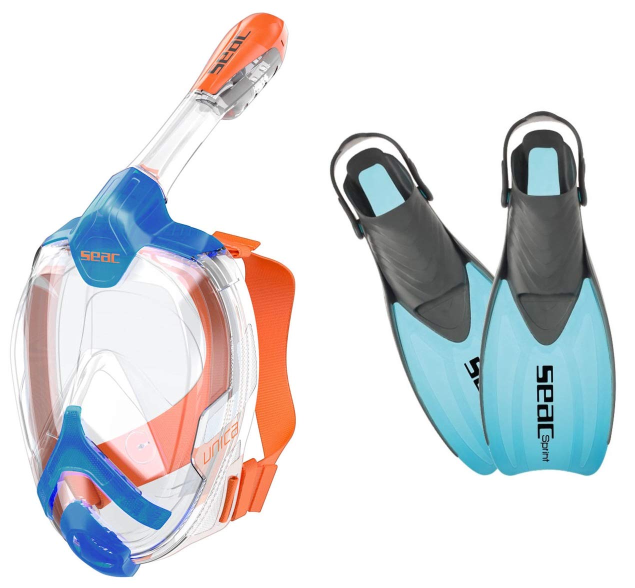 SEACSet Unica Sprint, Snorkeling Kit Unica Full face mask Sprint Open Heel fins, Blue, XS-S