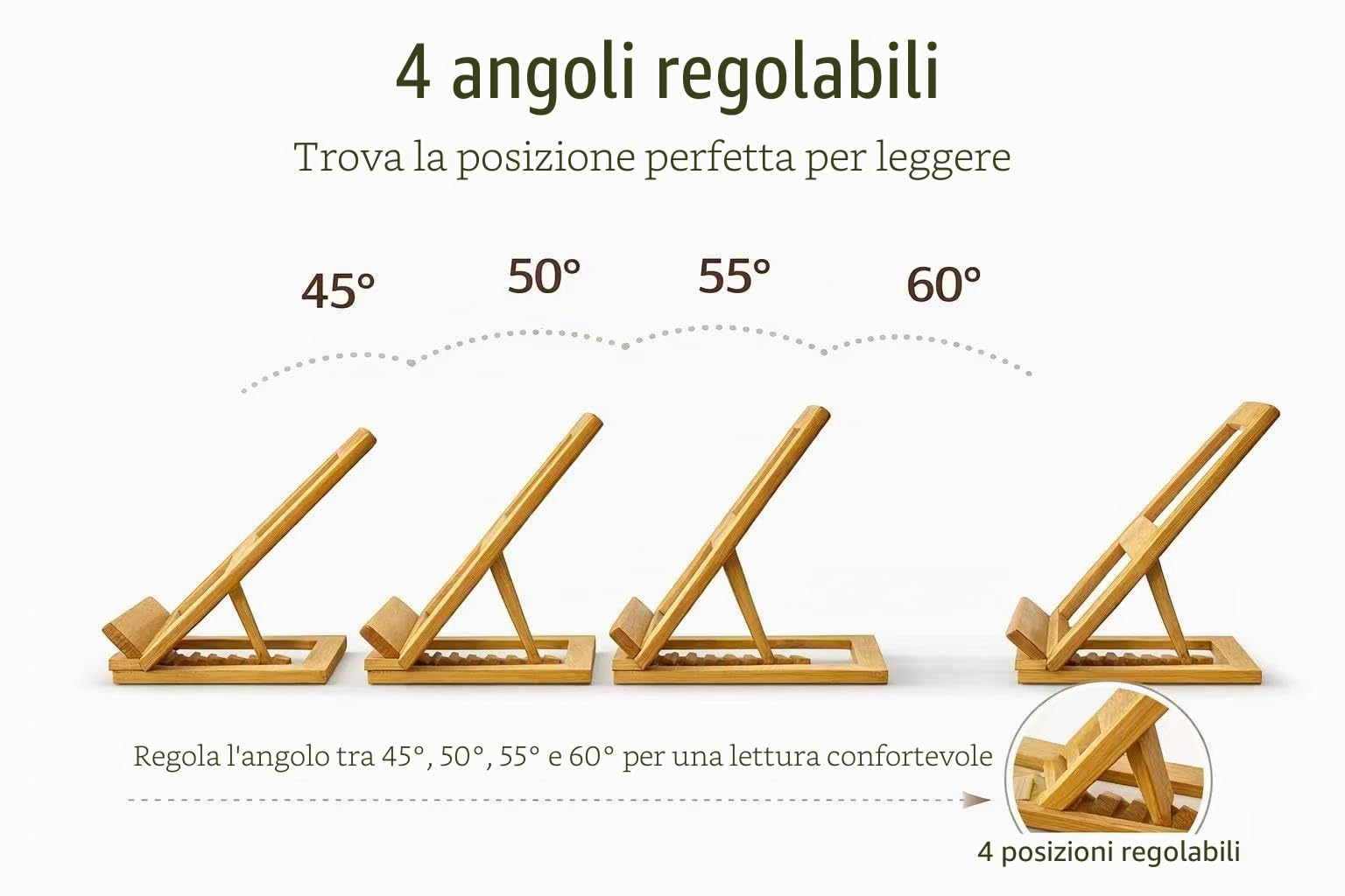 DAMDAM GO | Supporto di lettura regolabile legno Leggio regolabile in bambù naturale – Supporto per libri, ricette di cucina, tablet e iPad – Leggio pieghevole con 5 angoli regolabili