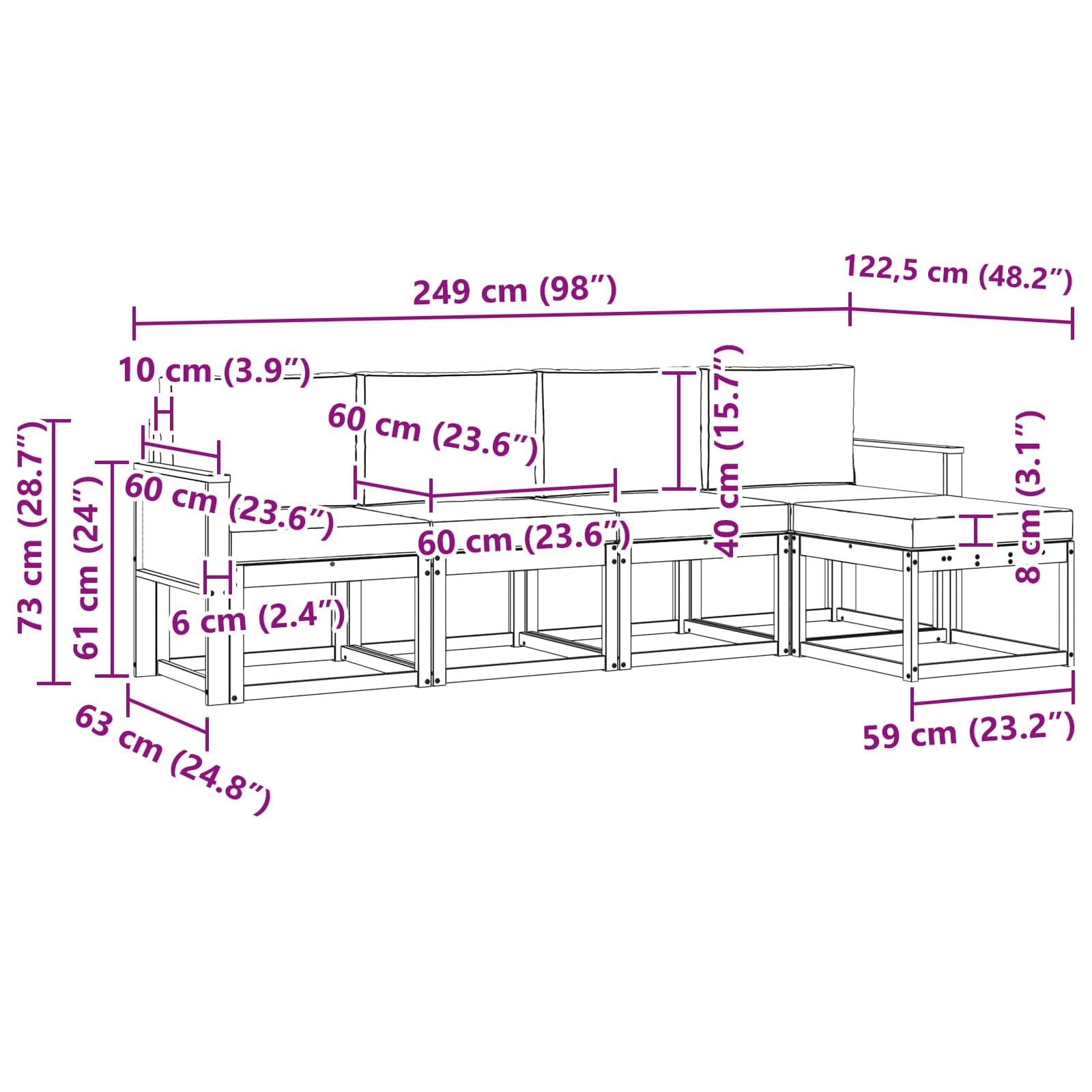 Salon de Jardin Modulable en Bois d'Acacia Massif, Ensemble Canapé d'Extérieur 5 Places avec Coussins Gris Clair, Mobilier pour Terrasse, Balcon et Jardin, 249x122,5x73 cm