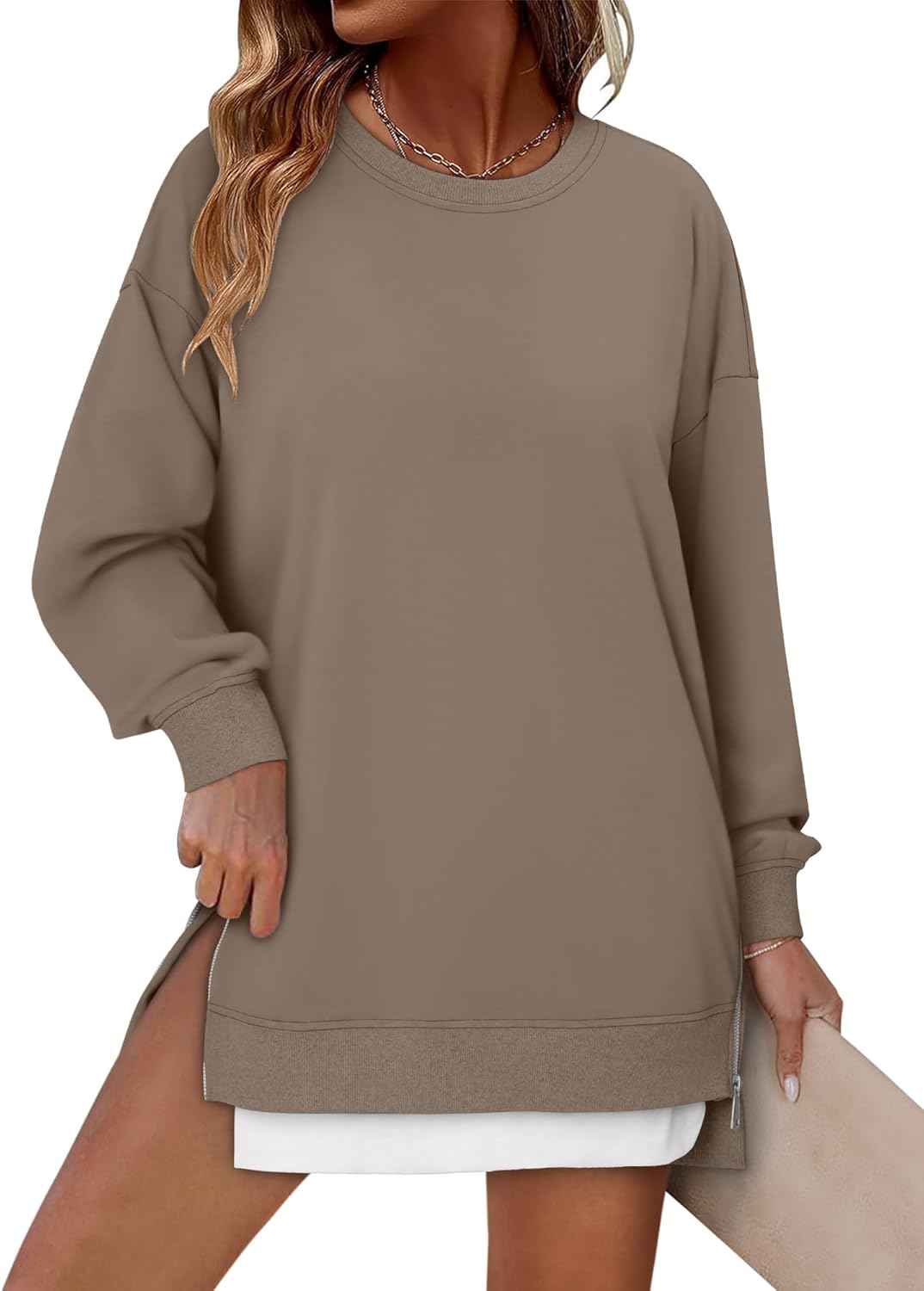 CHICZONE Crew Neck Oversized Sweatshirt Zipper Slit Long Sleeve Pullover for Women 2025 Trendy Fall Clothes - Image 2