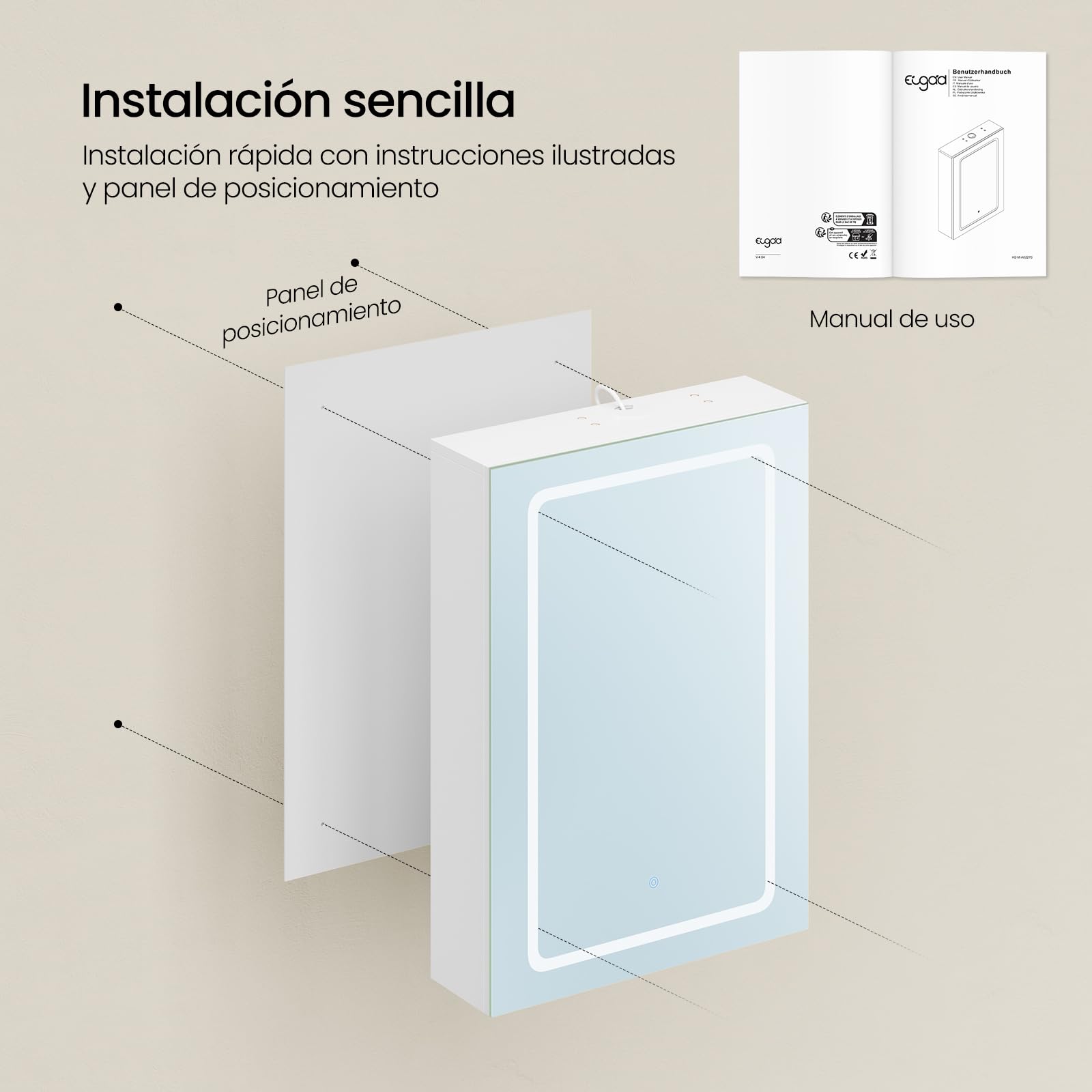 EUGAD Armario Baño con Espejo y Luz, Armario de Pared con Estantes Ajustables, Luz Táctil de 3 Colores, Ganchos de Joyería, Mueble Baño para Piso Apartamento, Blanco