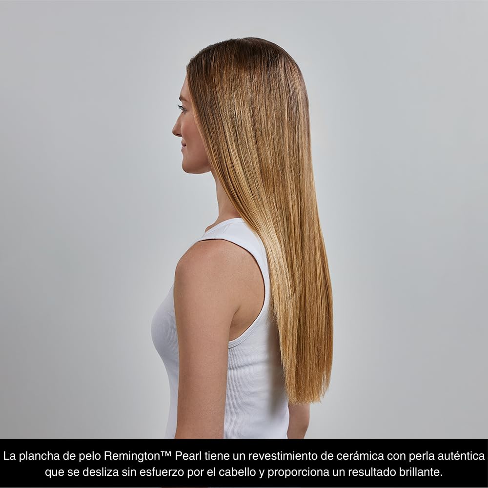 Remington Plancha de Pelo Pearl, Cerámica Avanzada con Perla, Placas Flotantes Extralargas, Temperatura hasta 230°C, Función Turbo, Digital, Calentamiento 10s, Color Blanco Y Negro, S9501, 110mm