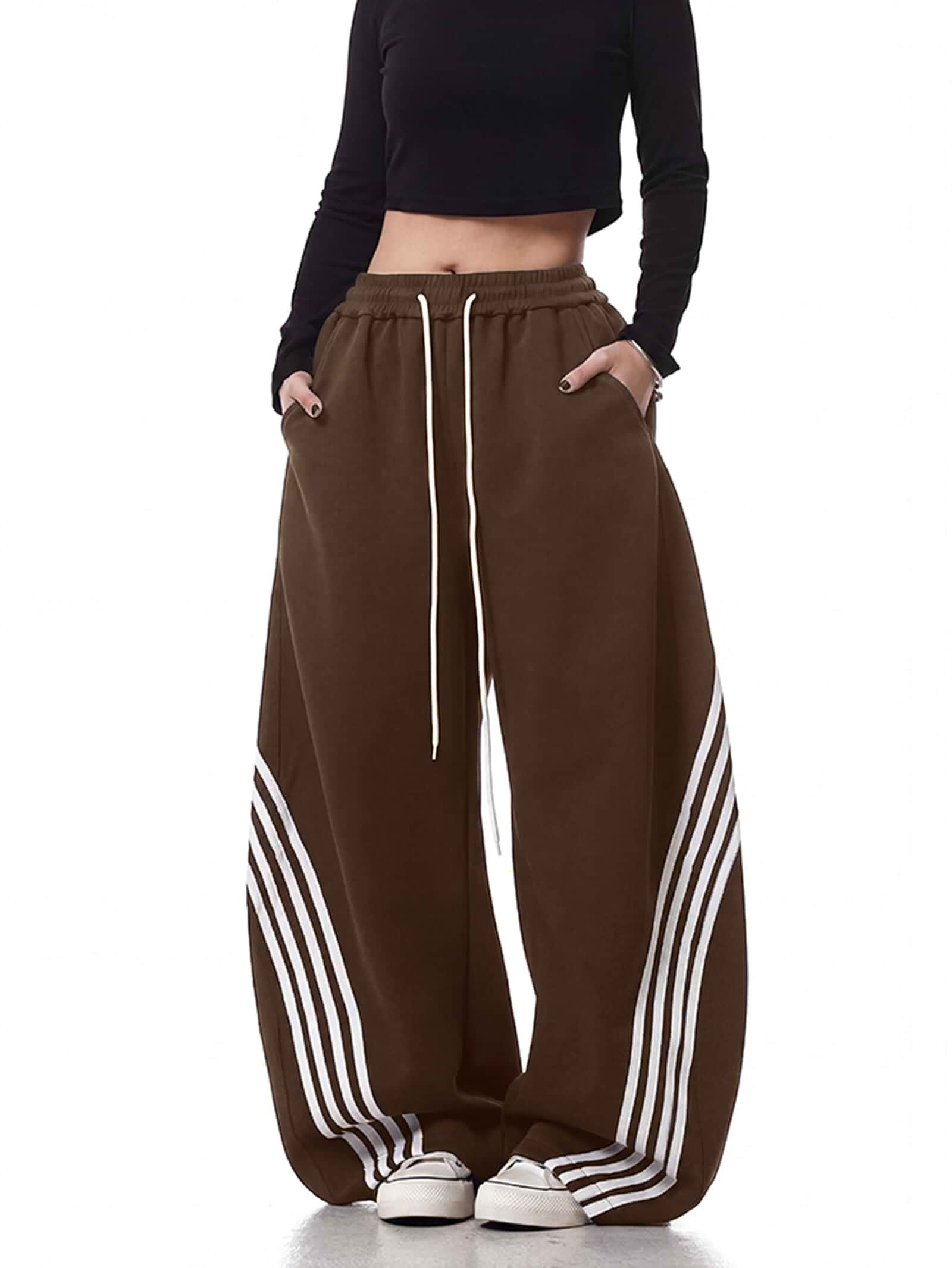 EMMIOL Women’s Y2K Baggy Barrel Striped Sweatpants High Waisted Wide Leg Track Pants, Drawstring Waist, Adjustable Hems, and Side Pockets, Ideal for Streetwear, Workouts, School, Casual, Nights Out