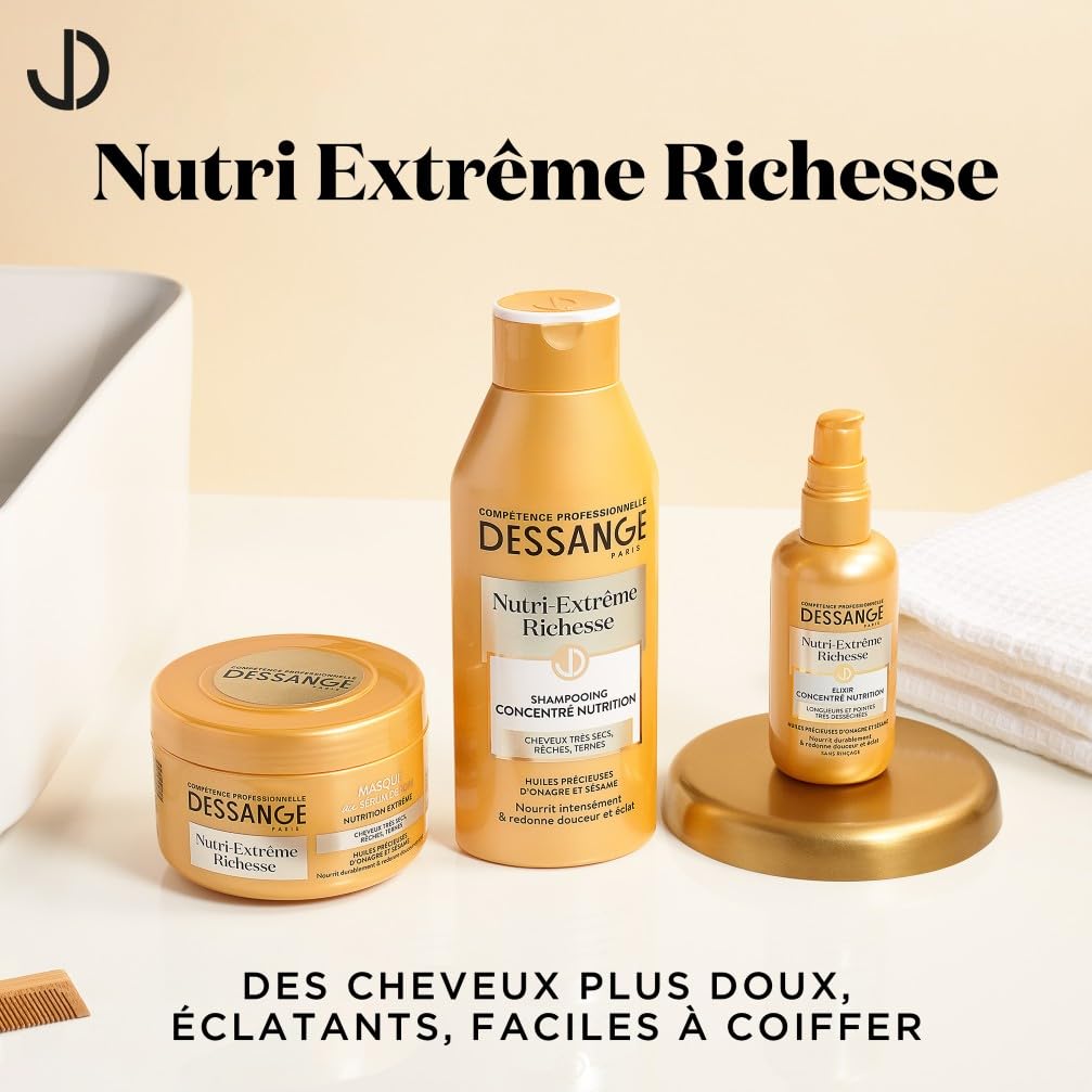 DESSANGE - Coffret Nutri-Extrême Richesse - Shampoing Nourrissant + Masque Capillaire + Elixir Concentré Nutrition - Nourrit Intensément & Redonne Douceur - Pour Cheveux Très Secs, Rêches, Ternes