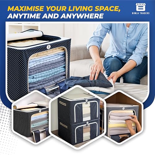 Image of BTAG Pack of 3 Assorted Storage Baskets (49L x 39W x 30H CM) Non-Woven Foldable Wardrobe Organizer with Metal Frame Rectangle, Storage Box with Handles for Clothes, Books, Toys, Blankets & Closet Use.
