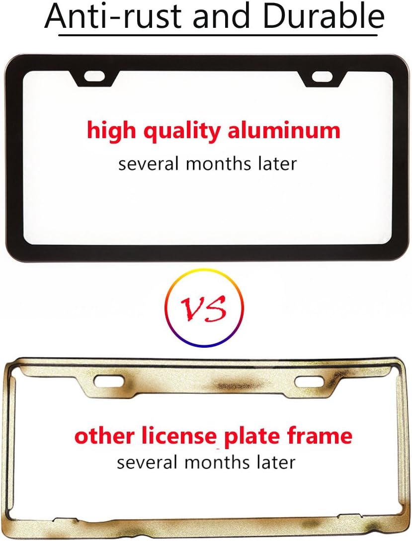 License Plate Frame, Simchoco Black License Plate Frame 2 Pcs 2 Holes Slim Border Matte Aluminum Frame with Chrome Screw Caps for US Vehicles