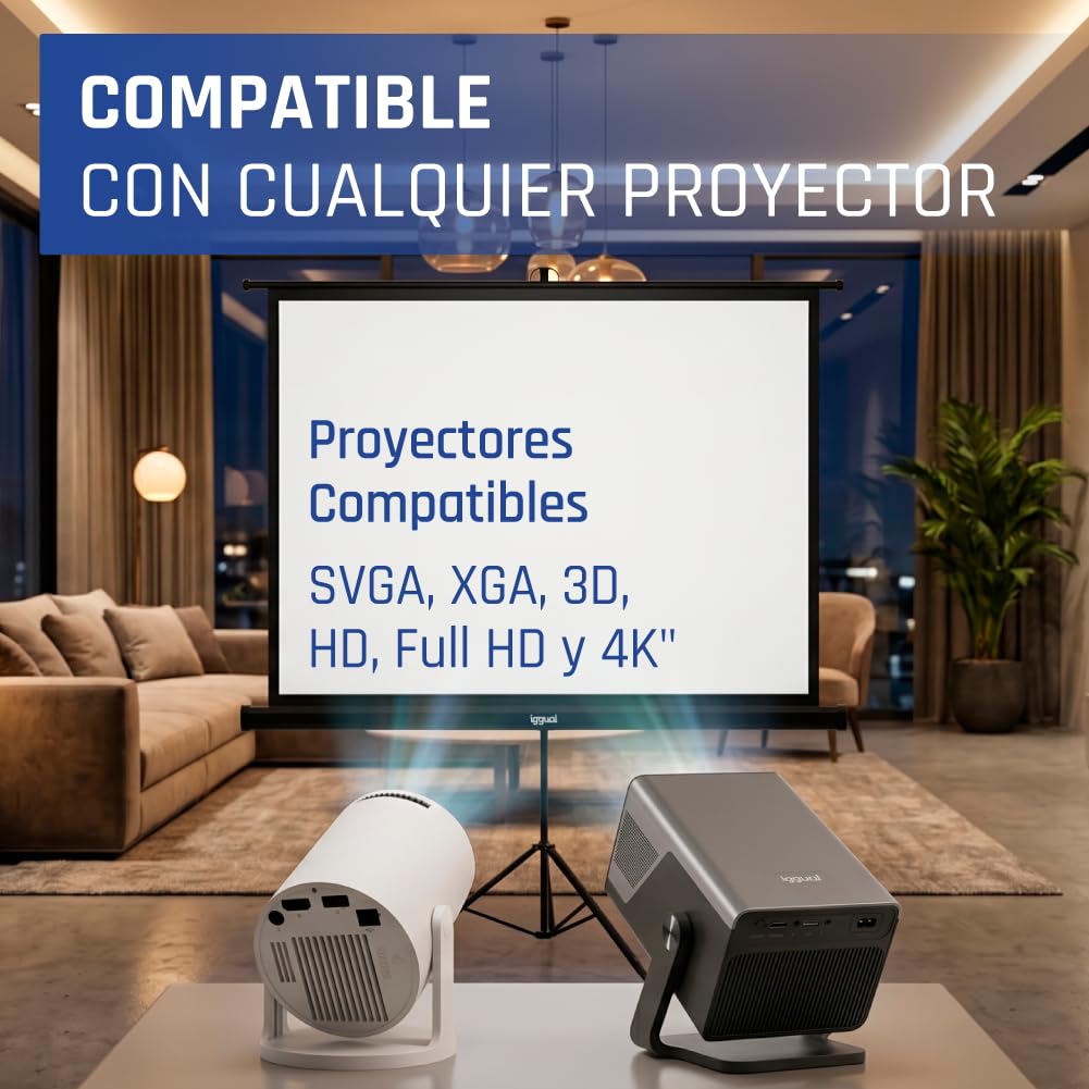 iggual Pantalla de Proyección 72” con Trípode de Acero - Enrollable Manual- Portátil con Bolsa- 4:3- Tela Blanca Mate de 4 Capas y Trasera Negra- Auto-Stop Ajustable- Compatible 4K Full HD (152x115cm)