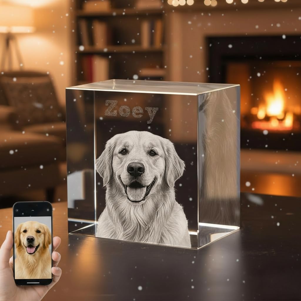 Personalized Dog Memorial Gifts,Pet Memorial Gifts for Loss of Dog,Custom 3D Crystal Photo,3D Engraved Crystal Keepsake Gift,Valentines Day Gifts for Her (Medium（3.96" 3.96" 2.50"), Square