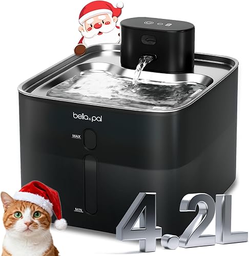 Miniatura 1 de BELLA & PAL Fuente de agua inalámbrica para gatos acero inoxidable de 4.2L142 oz, batería recargable de 5000 mAh, sensor de movimiento inteligente,