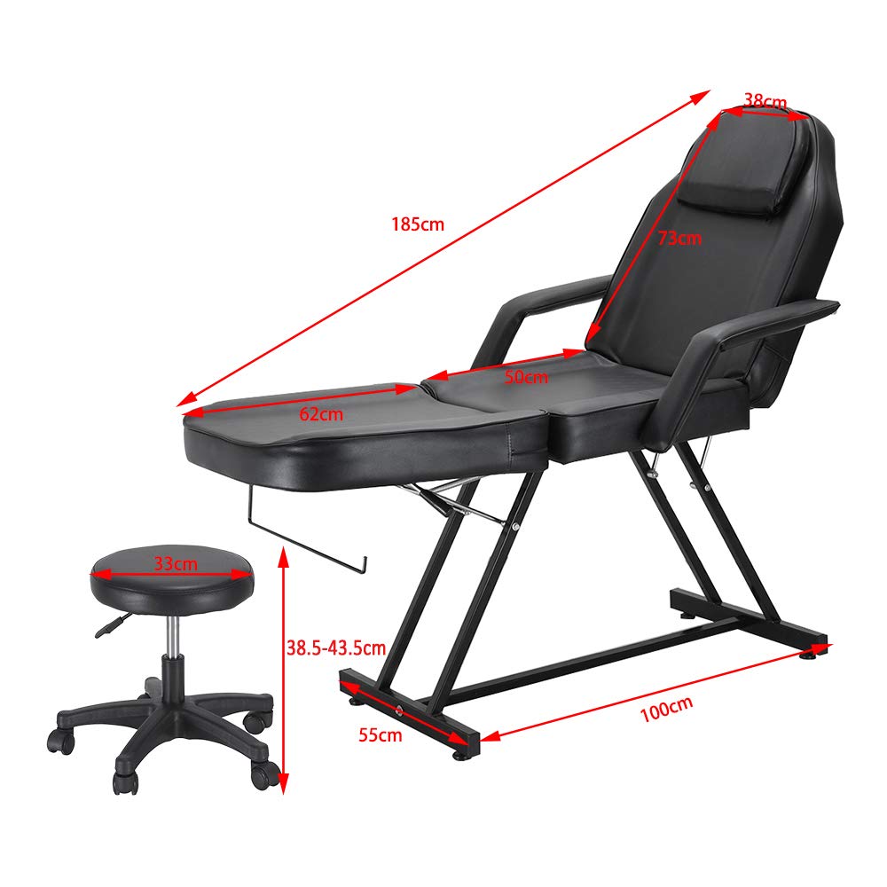 Camilla de Masaje Ajustable Cama de Masaje Plegable de Cuero PU con Taburete para Uso Profesional y Doméstico (Negro)