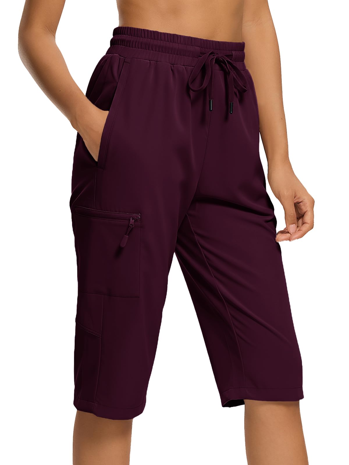 DEVOROPA Women's Hiking Long Shorts Knee Length Lightweight Quick Dry Cargo Athletic Bermuda Beach Shorts with Zipper Pockets, Wine Red, XL