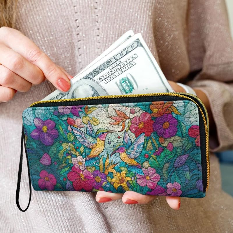 Hummingbird Flowers Zip Around Wallet for Women Long Purse, Stained Glass Art Birds Floral Slim Credit Card Holder Bifold Phone Clutch Organizer3