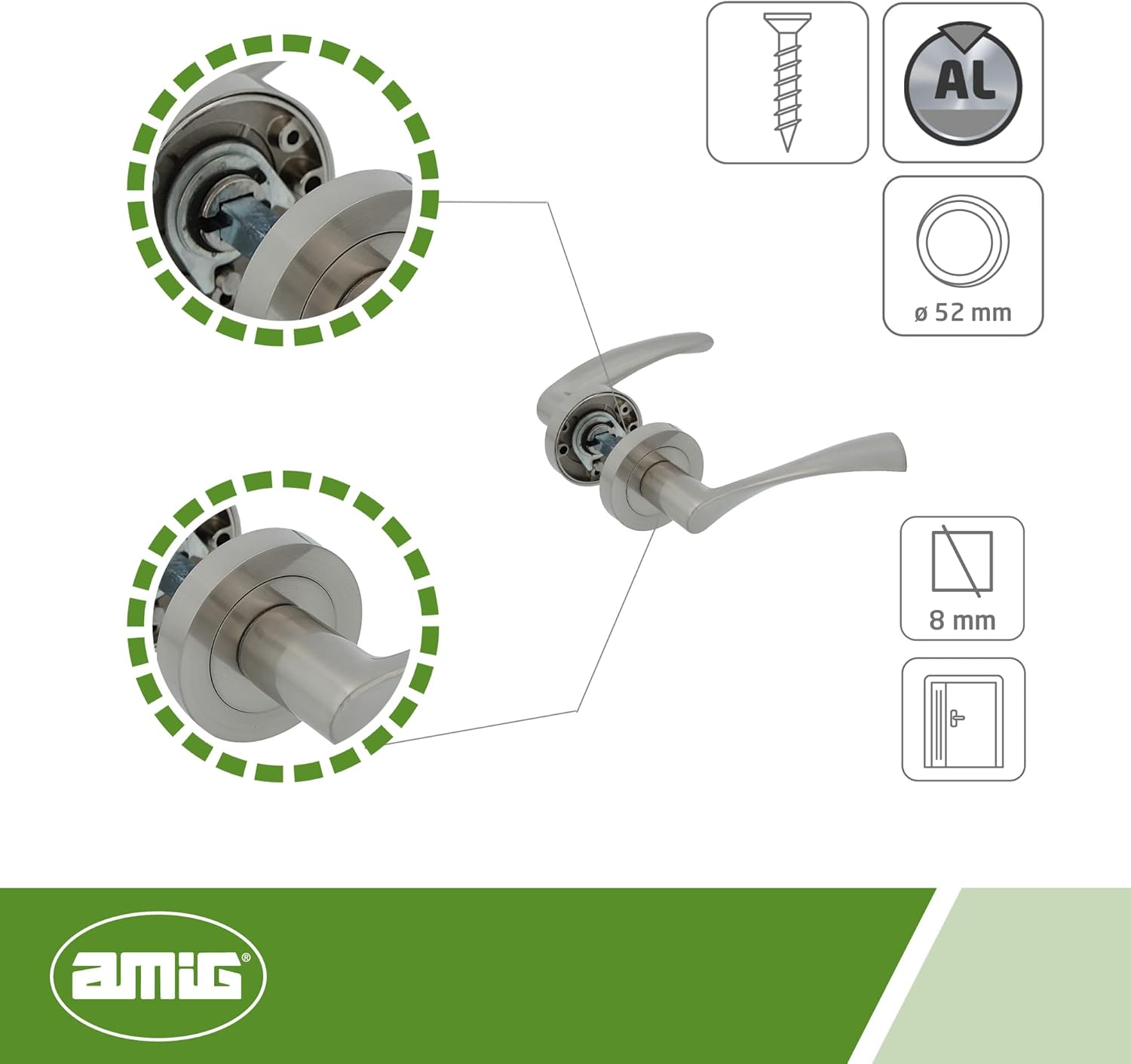 Amig - Set of Zamak Rosette Door Handles | ISHI RX Model | Diameter 52 mm | 8 mm Square | Elegant and Simple Design | Brushed Nickel Aluminium