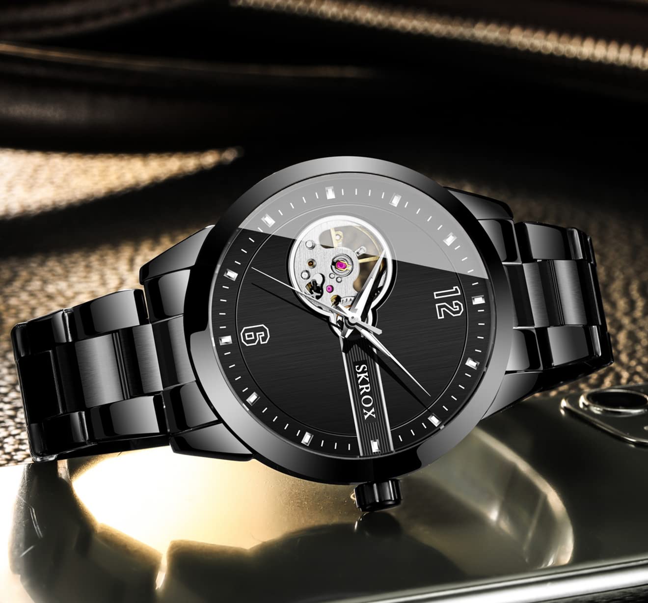 FORSINING Mechanische Tourbillon-Armbanduhr für Herren, automatische Armbanduhr mit Edelstahl-Armband, 1-schwarz