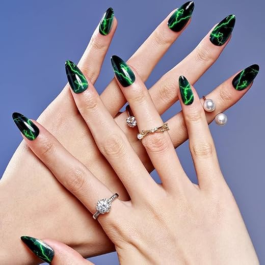 GLAMERMAID Short Almond Press on Nails, Black Gothic Medium Fake Nails with Design UV Glossy Oval False Nail Kits Stiletto Acrylic Stick Glue on Nails Sets Reusable Full Cover Nails for Women Girls Gift, 24Pcs